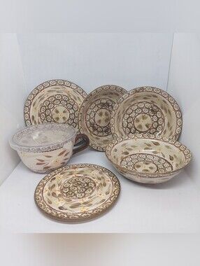 Temptations By Tara Old World Dark Green Olive Brown Bowl Plate Mug Lot Of 7 Pcs